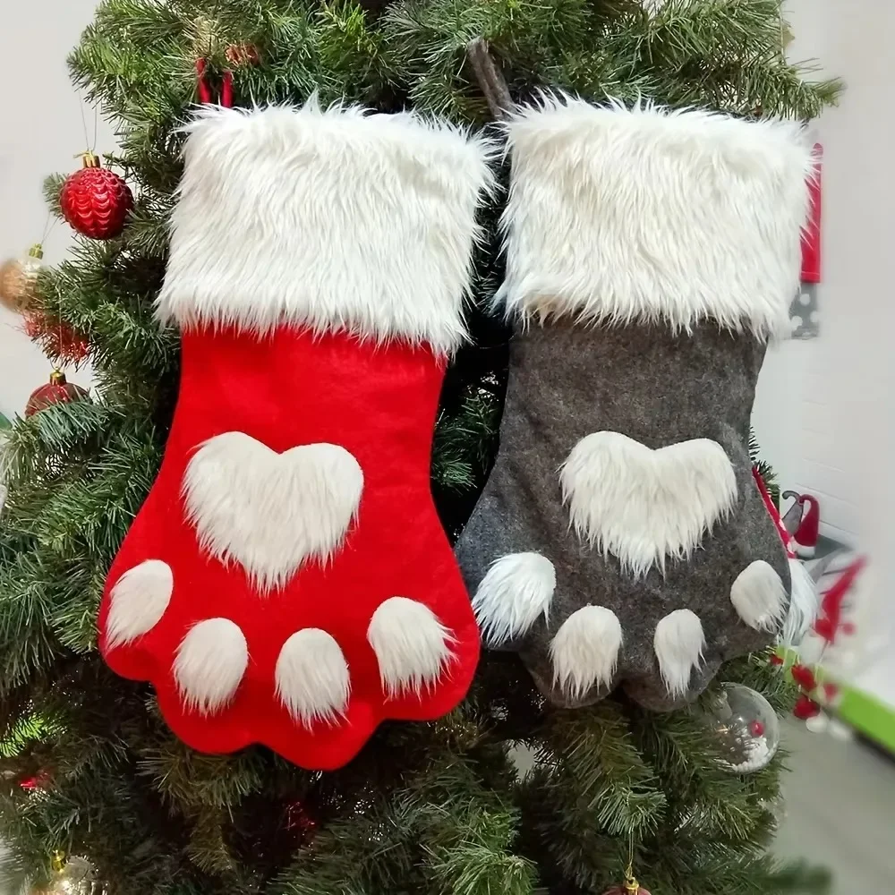 Christmas Stocking Hanging - Noel Çorapları, Pati Desenli, Yapay Kürk
